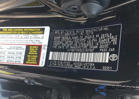 2012 Toyota Camry Se Limited Edition из США, поврежденный, VIN 4T1BF1FK2CU187997